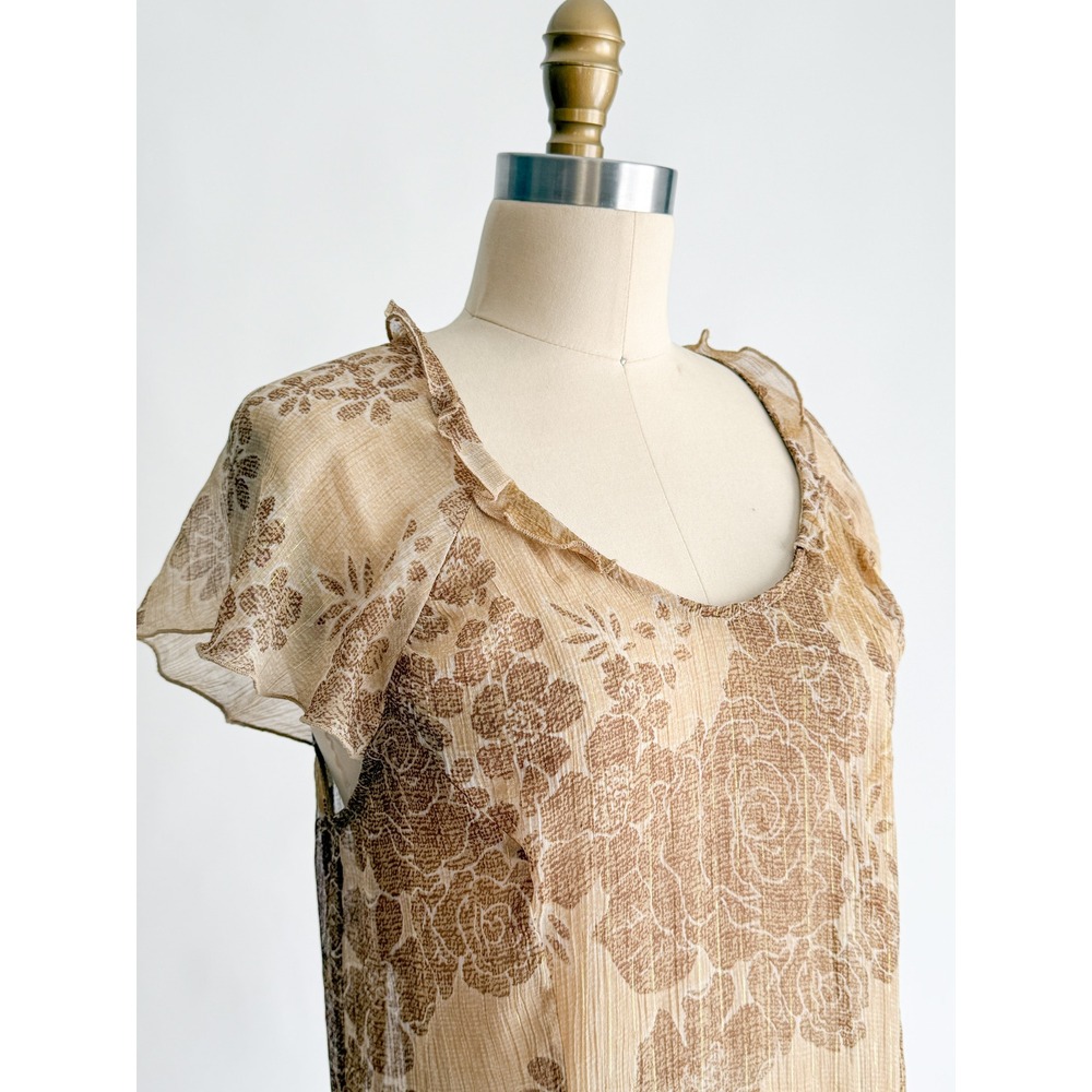 Vintage Boho Emma James Floral Midi Dress 10P Tan Gold Metallic Ruffle Chiffon‎ - Picture 3 of 7